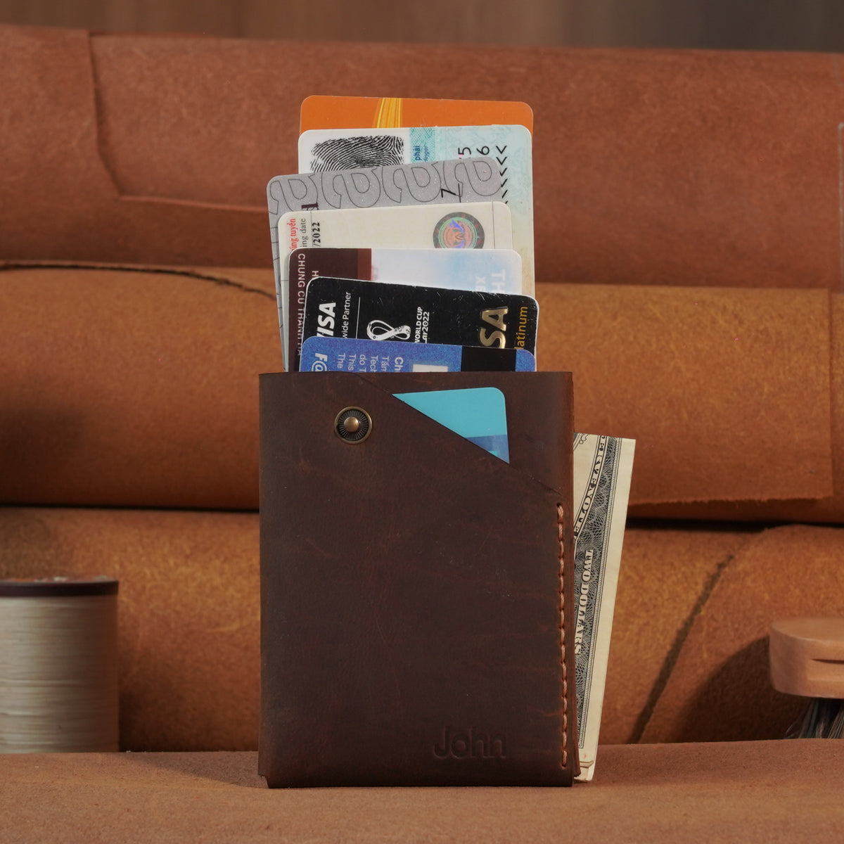Compact Leather Card Wallet with Snap-Button Strap