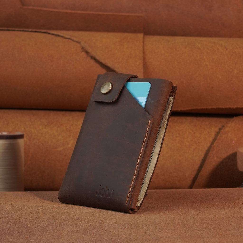 Compact Leather Card Wallet with Snap-Button Strap