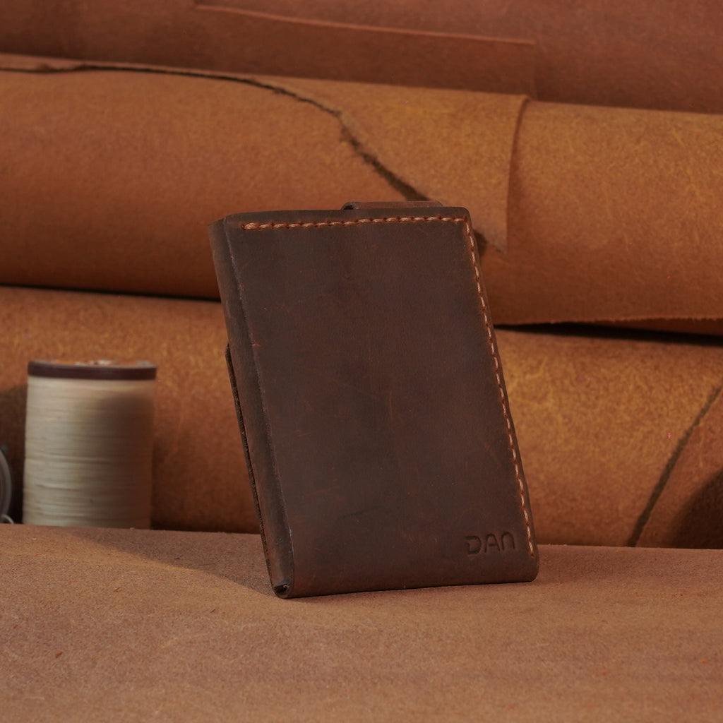 Compact Leather Card Wallet with Snap-Button Strap