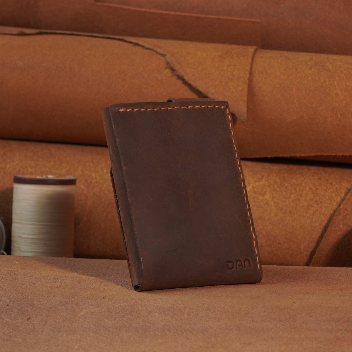 Compact Leather Card Wallet with Snap-Button Strap