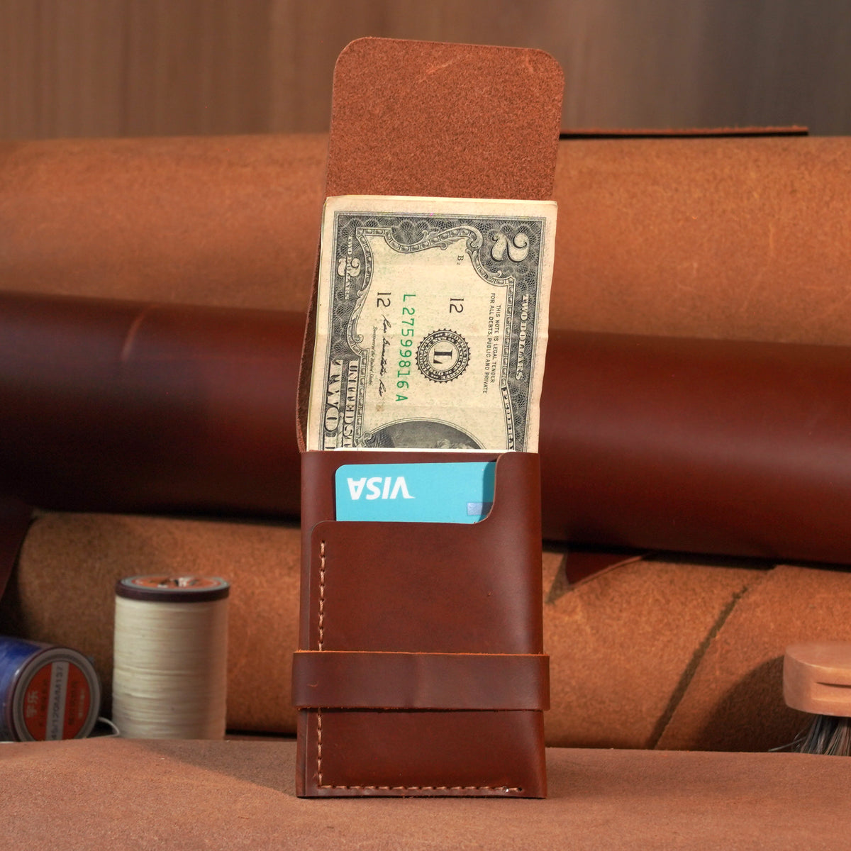 Minimalist Vertical Leather Tuck Wallet with Cash Pocket