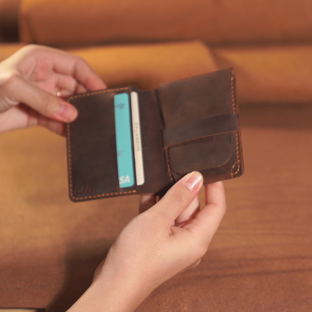 Vertical Cowhide Bifold Wallet with Flap Pocket
